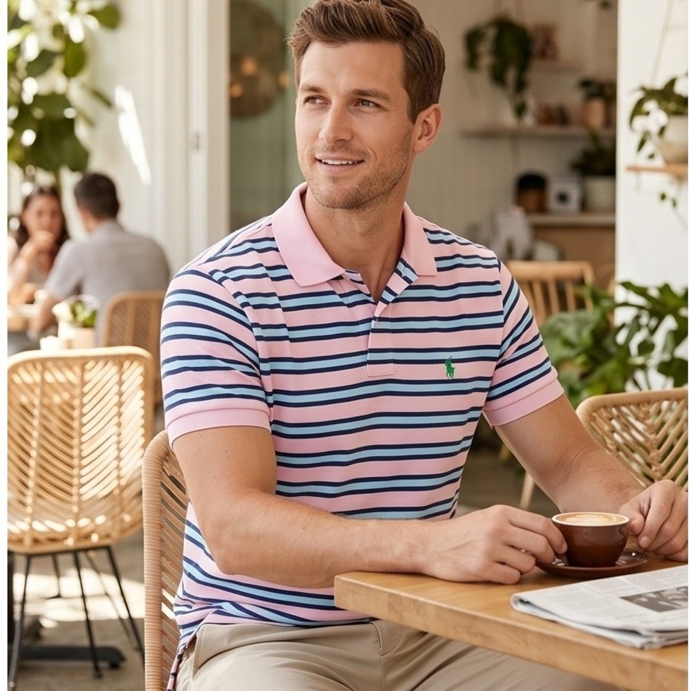 Polo Ralph Lauren M Vintage Striped Polo Shirt Pink Blue Green Logo Men's Medium